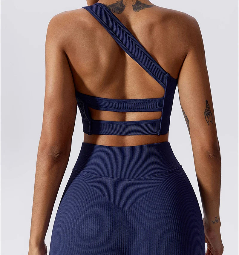 One Shoulder Cut Out Back Sports Bra Women Breathable Running Yoga Crop Top