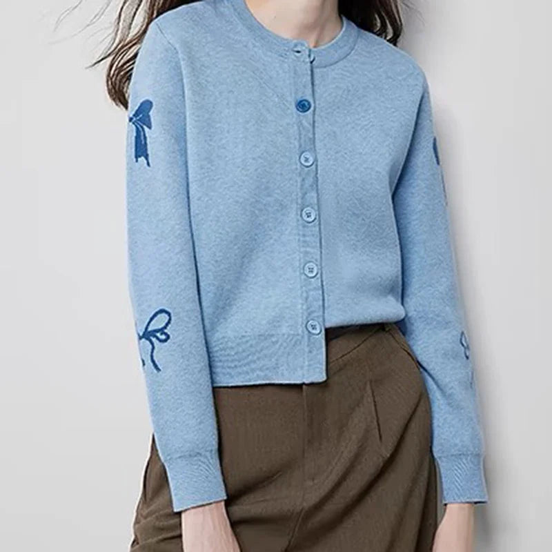 EOTVOTEE Women's Temperament Bow Jacquard Cardigan French Style O Neck Single Breasted Cardigans 2025 New Simple Elegant Sweater