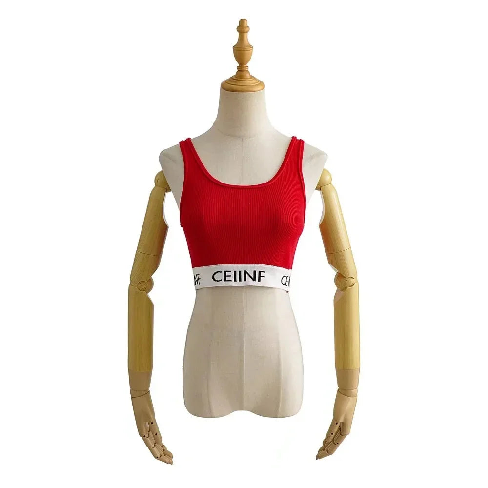 Summer New Style Women's Pure Desire Spicy Girl Color Block Elastic Slim Fit Cuffed Letter Knitted Halter Top Vest Cotton