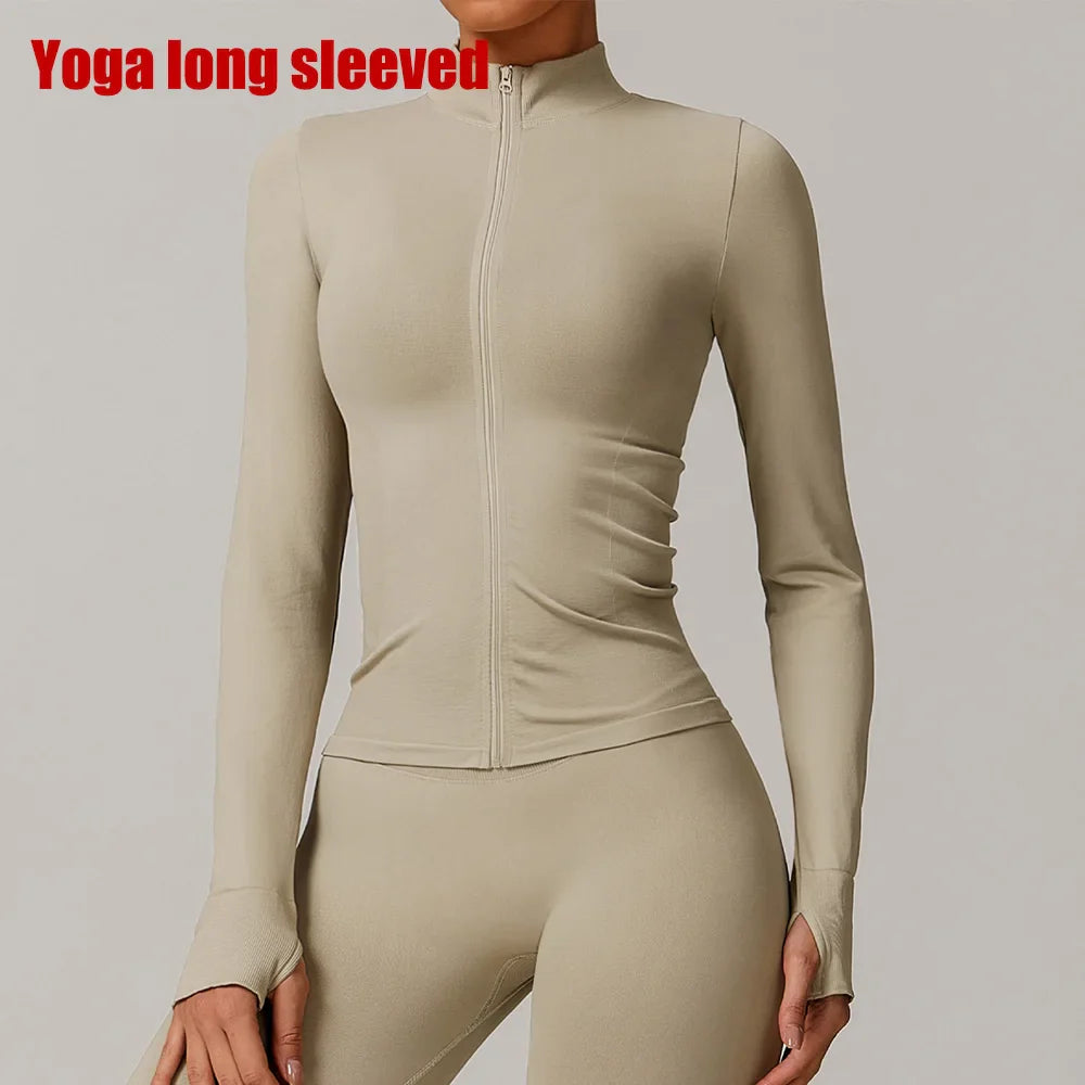 Seamless Yoga Slothes Women's Top Standing Collar Long Sleeved Sports Jacket Running Training Fitness Top Windproof Running Suit