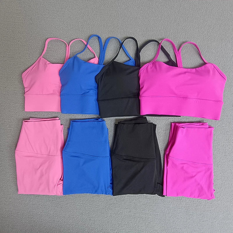 2 Pieces Yoga Clothes Sets Gym Sports Set Fitness Suits Women Cross Back Bra Top High Waist Leggings Running Workout Tracksuit